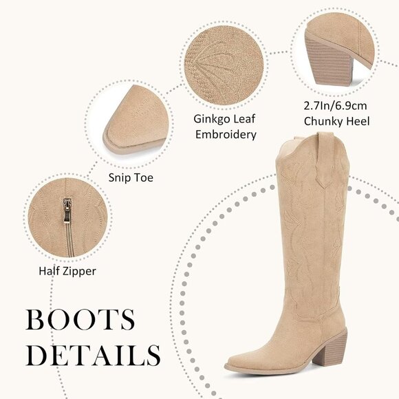 Women's Tan Knee High Cowgirl Tall Boots with Side Zipper Snip Toe Comfortable - Picture 5 of 6